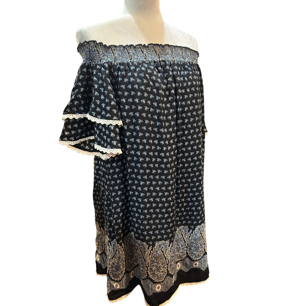Listiele Off Shoulder Mini Dress Size S Black White Blue Paisley Boho Bohemian